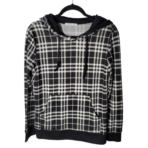 PINKMSTYLE Womens Sz M Black White Plaid Long Sleeve Hoodie Sweater - Picture 1 of 11